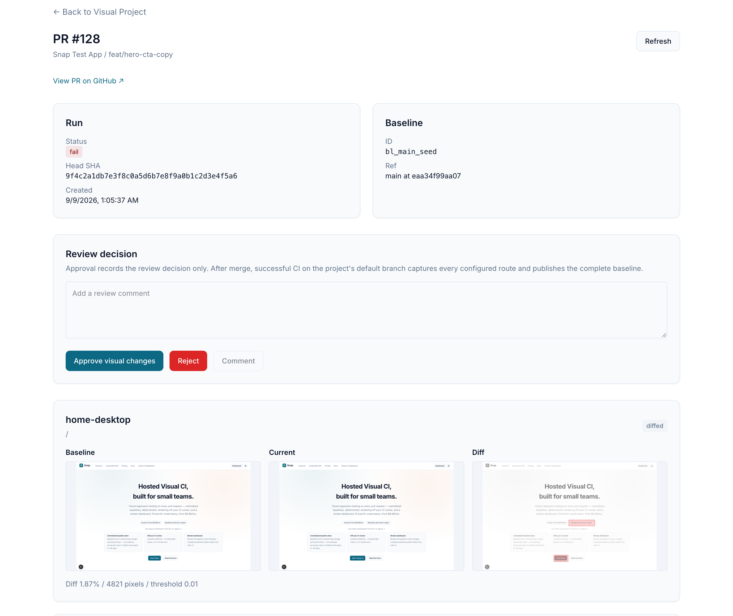 Snap's review dashboard showing a visual run for PR #128: run and baseline metadata, approve or reject controls, and a capture comparing baseline, current, and highlighted diff for the home route